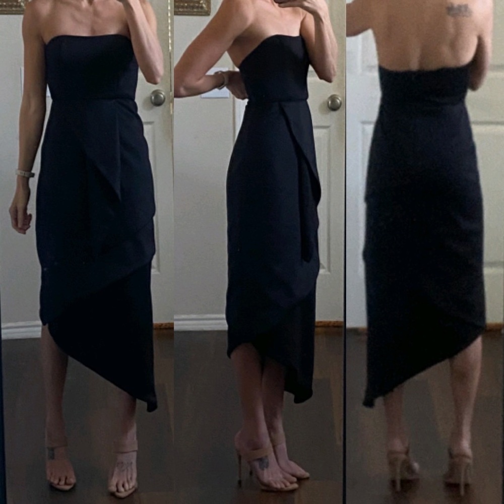 Fame and Partners black strapless scuba midi high low asymmetrical hem dress